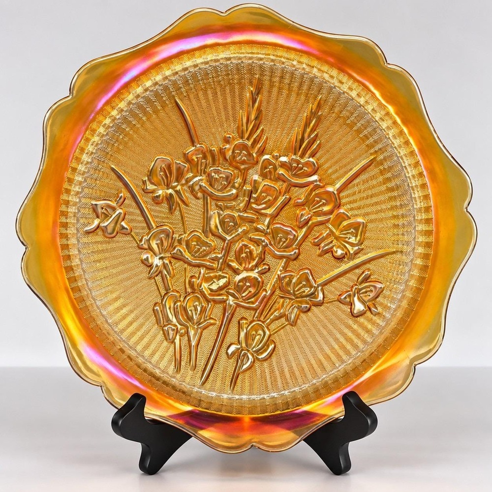Vintage Jeannette Iris Herringbone Marigold Carnival Glass 12" Platter USA
